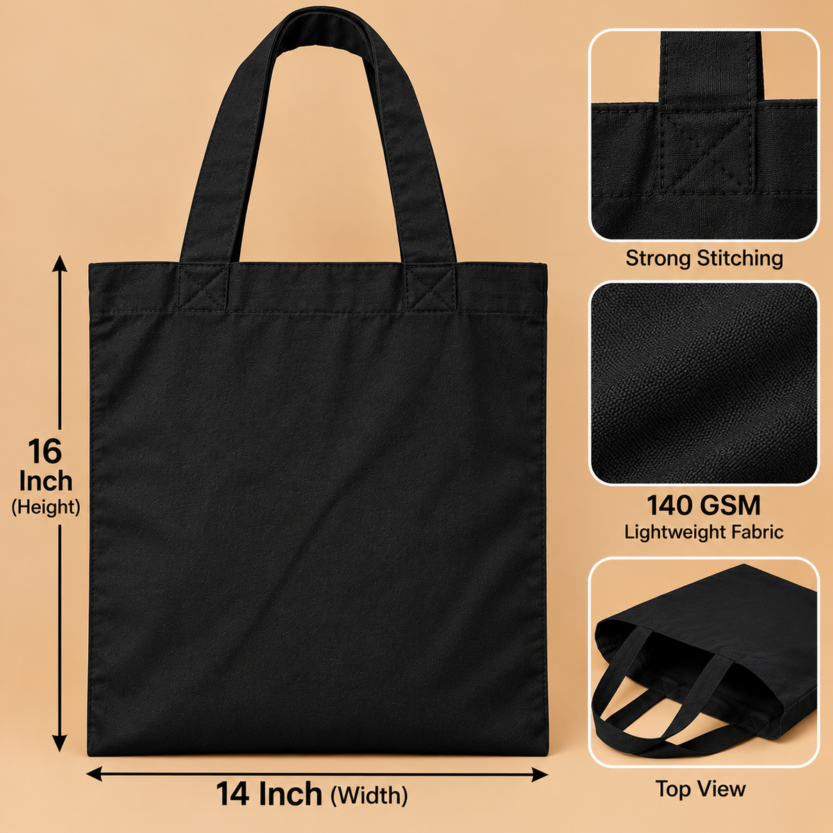 Cotton Canvas Tote Bag 140 GSM – Black