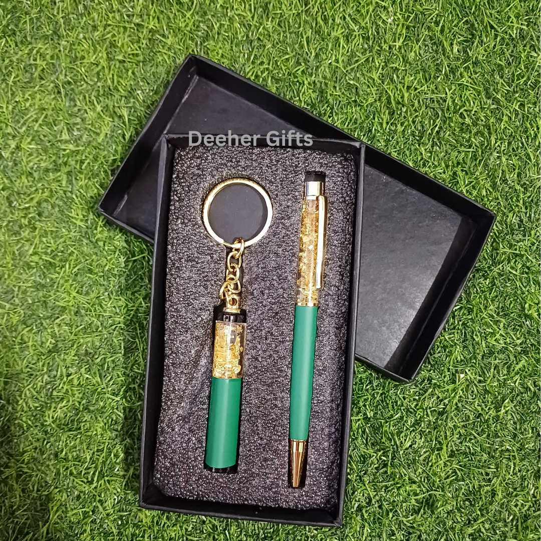 Gold Zari Pen and Keychain Set ( Green )