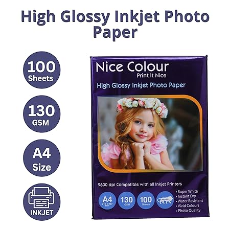 High Glossy Inkjet Photo Paper - 130 GSM | 100 A4 Sheets | For Fridge Magnets / Badges Printing