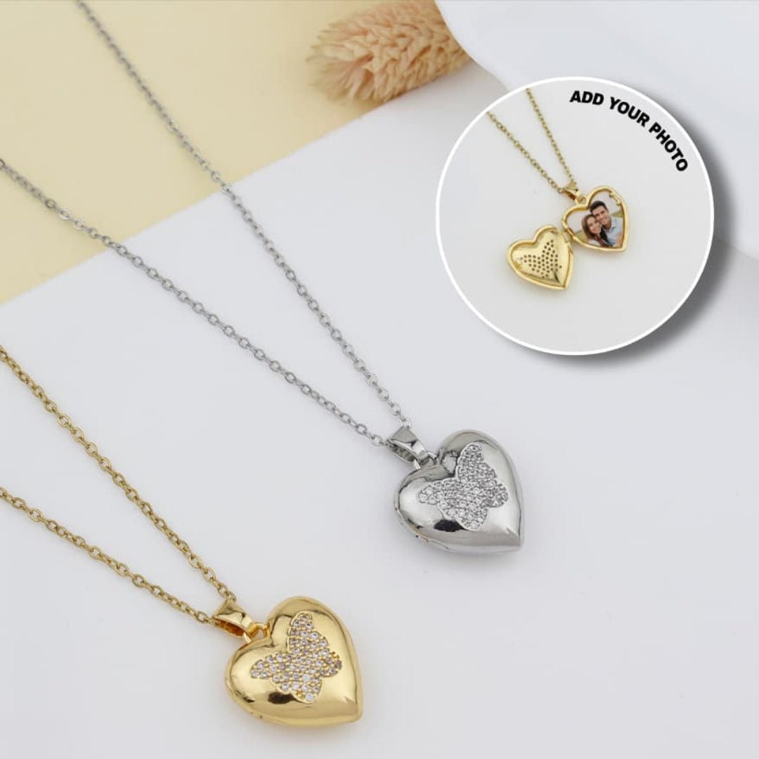 Photo Insert Heart Pendant - With Butterfly Diamonds