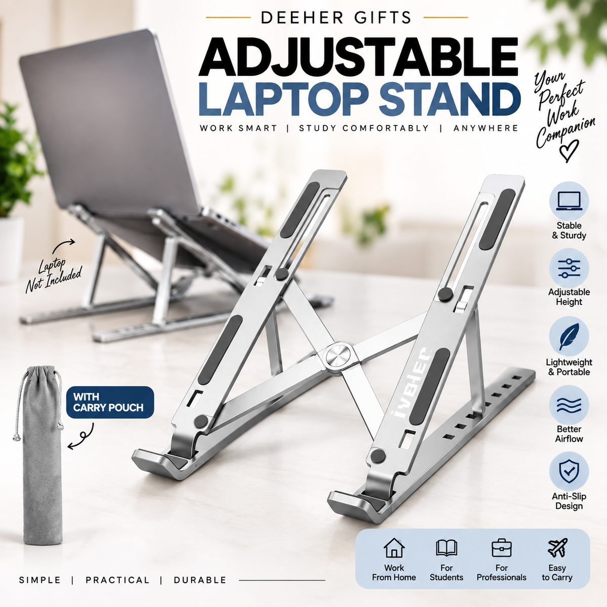 Adjustable foldable laptop stand with carry pouch for work study and travel