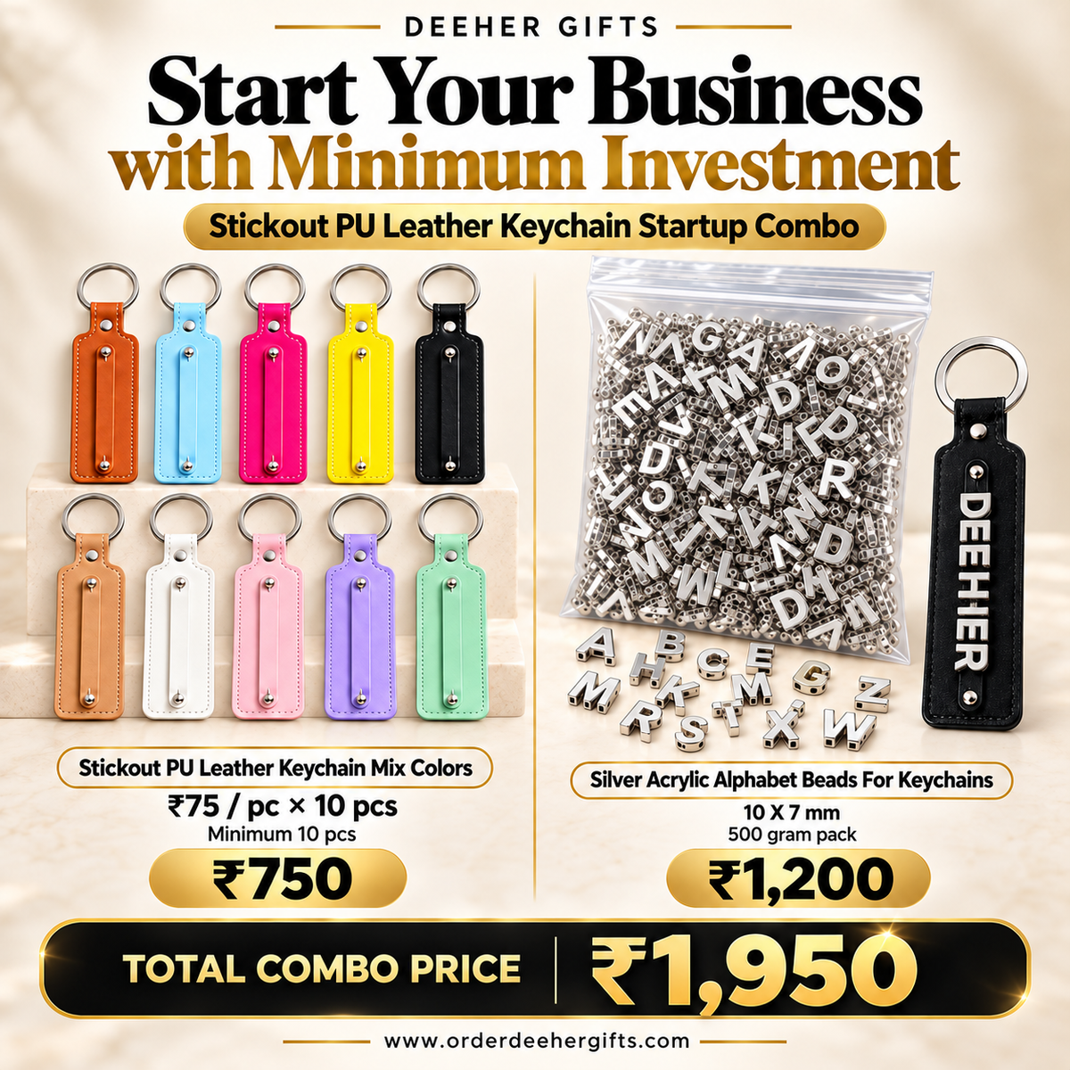 Stickout PU Leather Keychain Startup Combo 1 with Silver Alphabet Beads