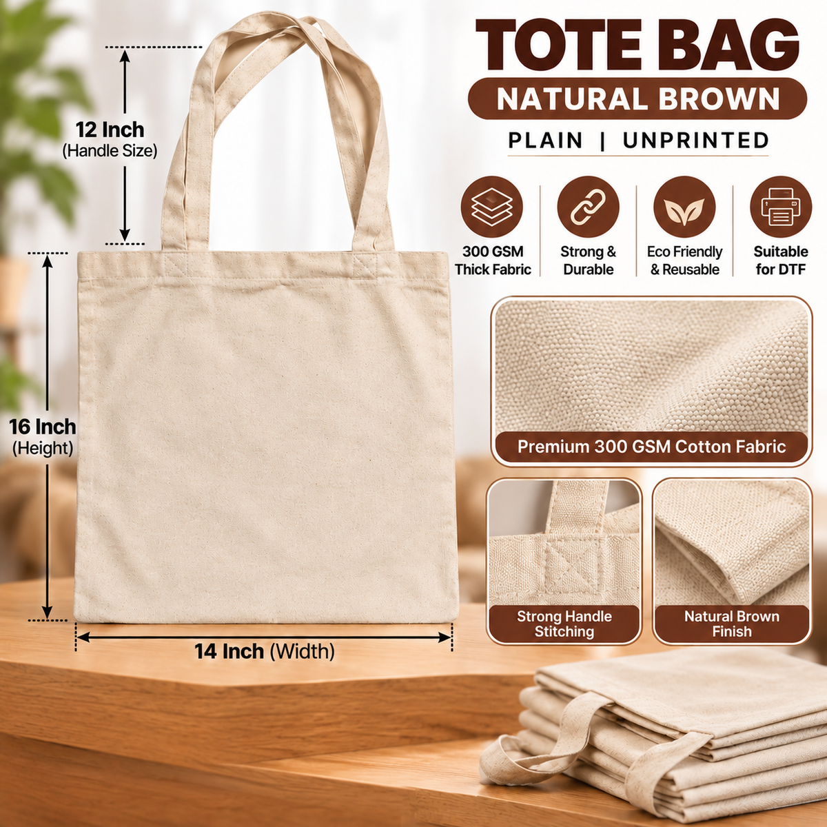 Cotton Tote Bag - Natural Brown ( Size 14×16 inch / 300 GSM )