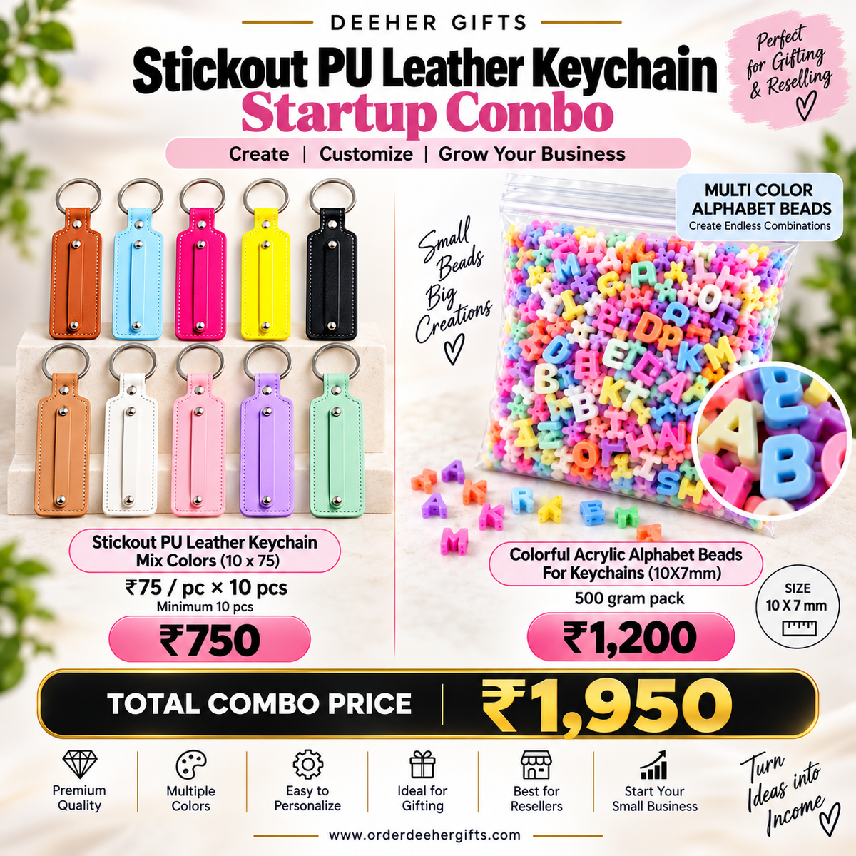PU leather keychain all in one startup combo with golden silver and colorful alphabet beads