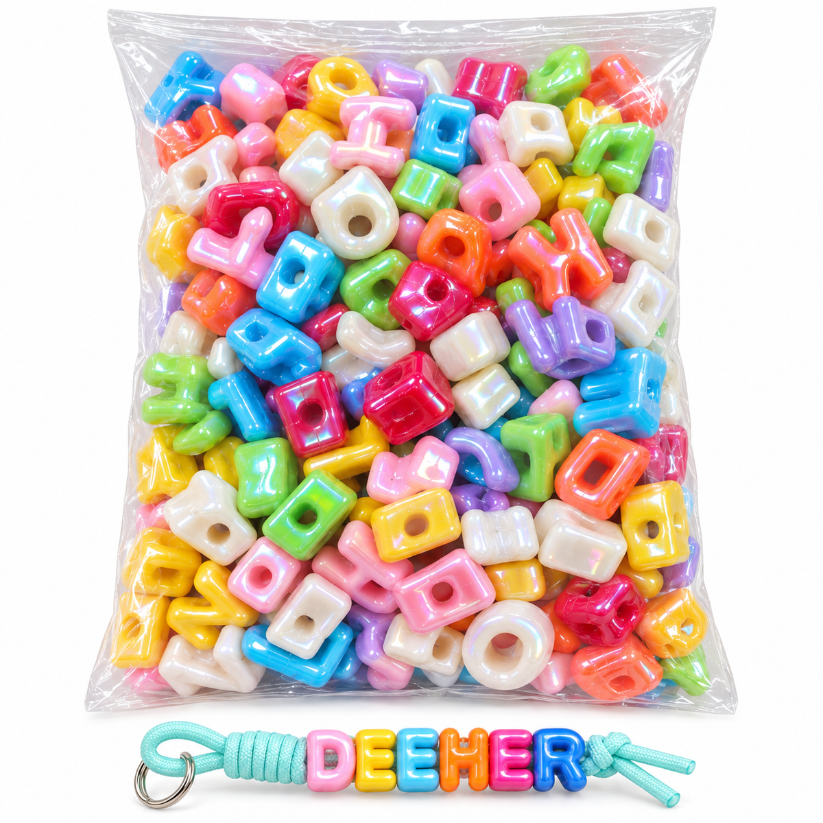 Shiny multicolor acrylic alphabet beads for personalized keychains and DIY crafts