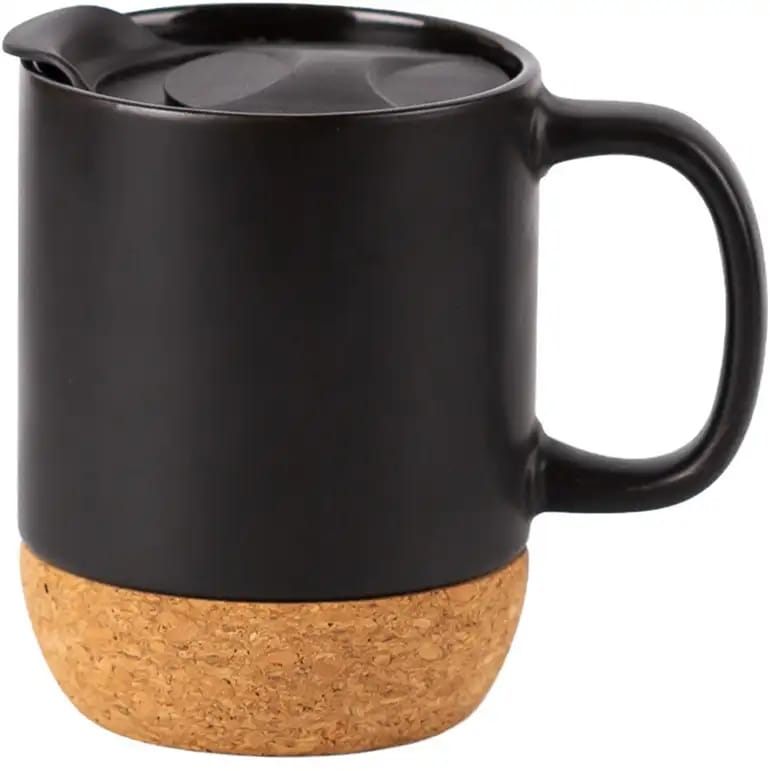 Black Ceramic Mug with Cork Base & Spill-Proof Lid