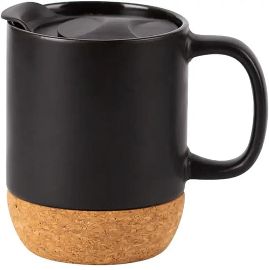 Black Ceramic Mug with Cork Base & Spill-Proof Lid
