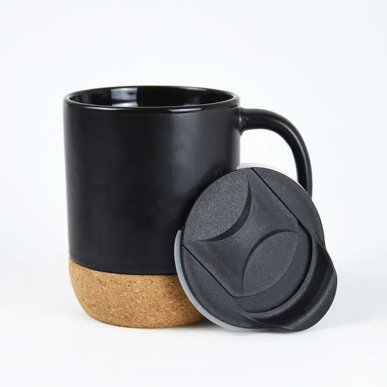 Black Ceramic Mug with Cork Base & Spill-Proof Lid