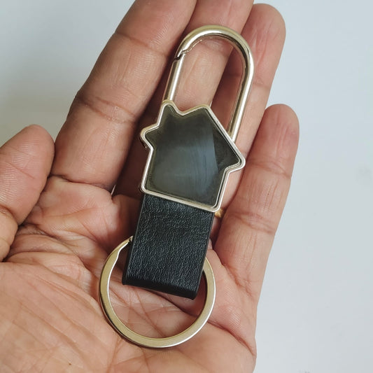 Keychain Metal ( Black Leather Metal House Hoop Keychain ) – For Single Side Engraving