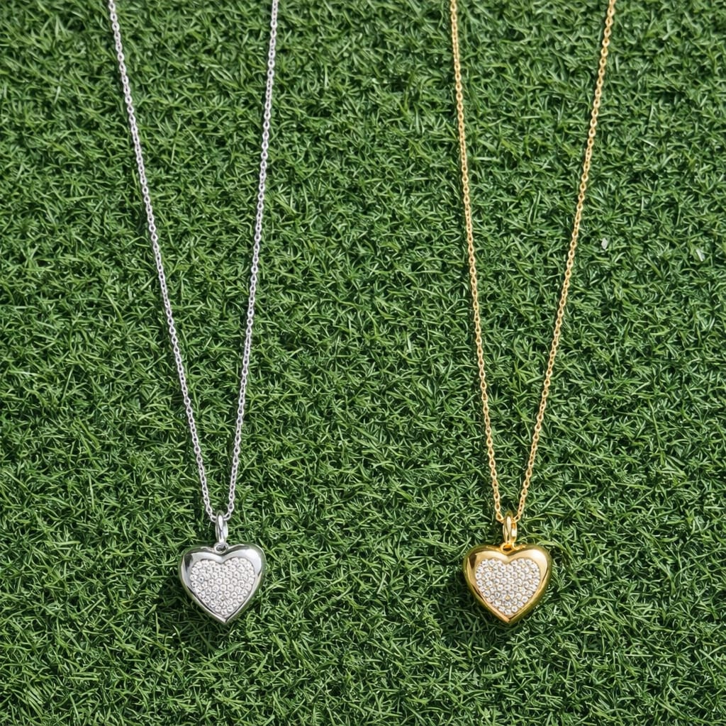 Photo Insert Heart Pendant Necklace - With Heart Diamonds ( Golden / Silver )