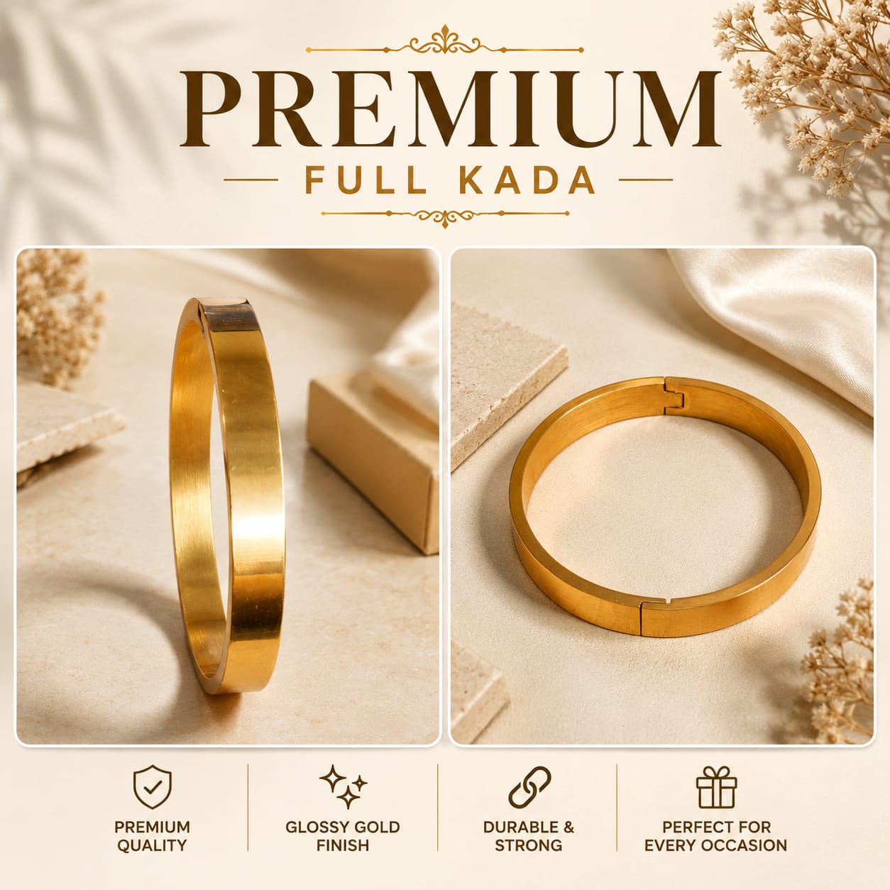 Premium Full Kada - Stainless Steel – 8 mm (Golden / Silver)