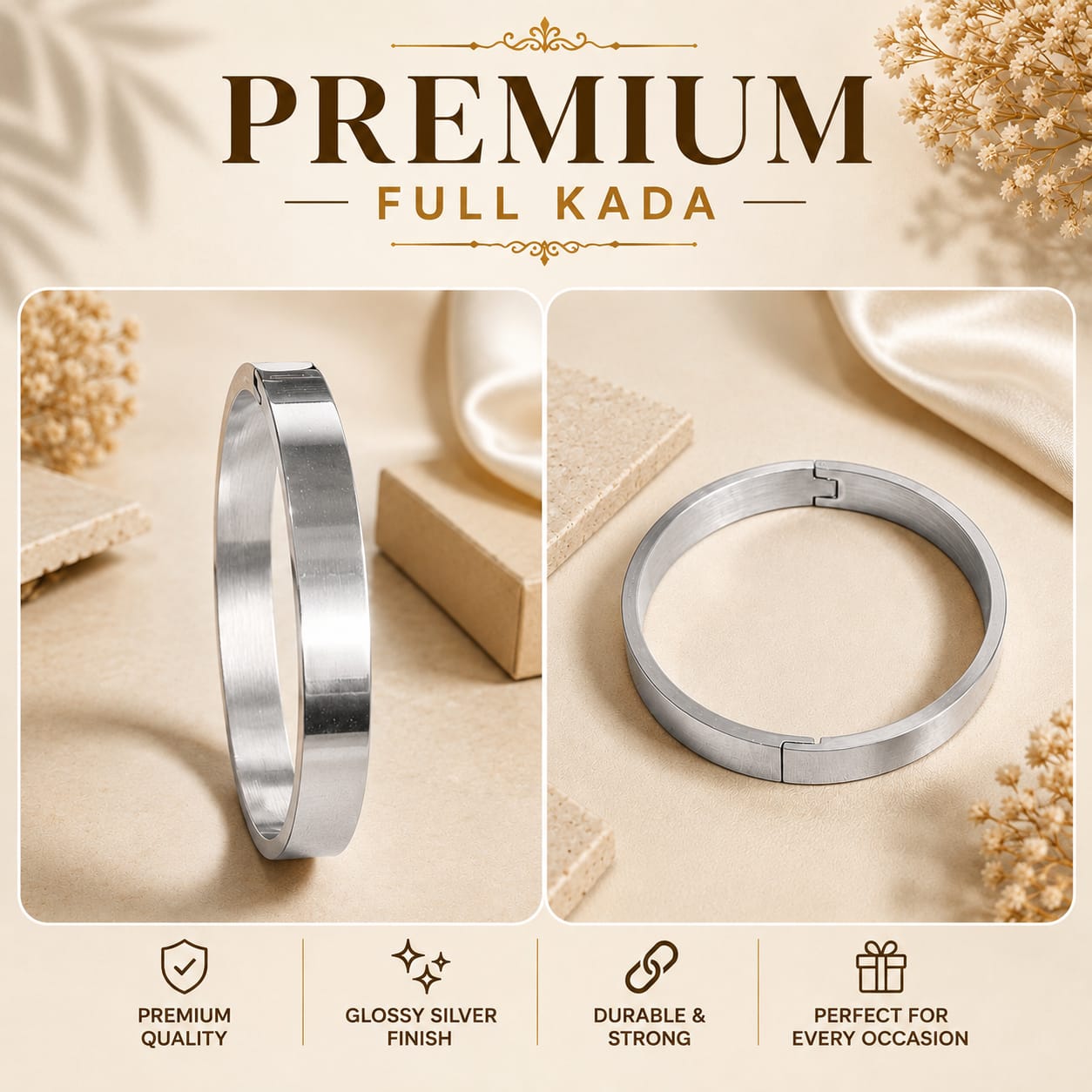 Premium Full Kada - Stainless Steel – 8 mm (Golden / Silver)