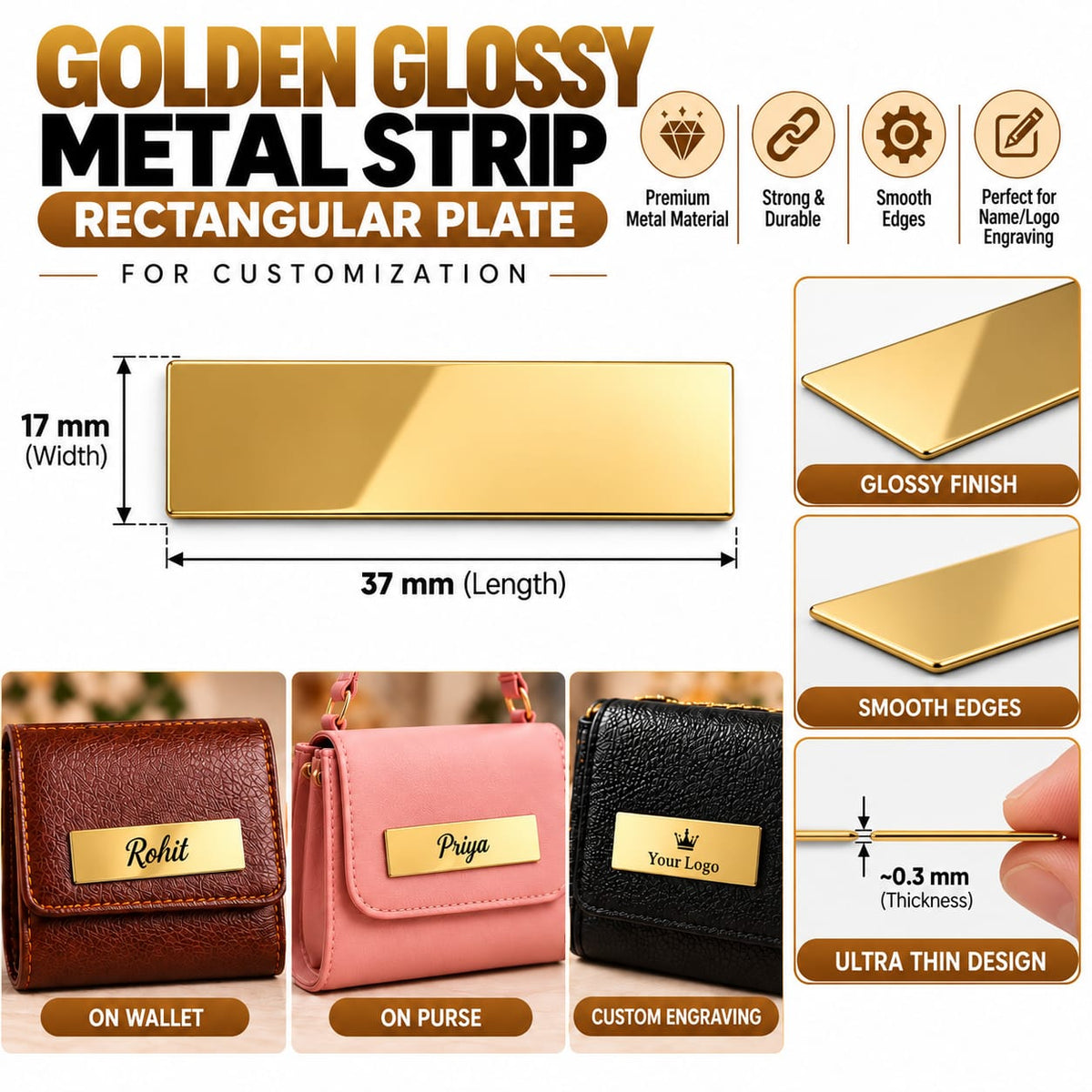 Rectangle Metal Strips Glossy Golden / For Marking