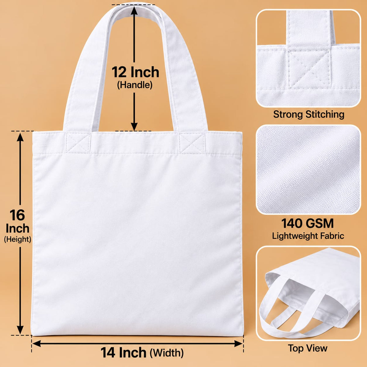 Cotton Tote Bag 140 GSM – (White / Size 14x16 inch)
