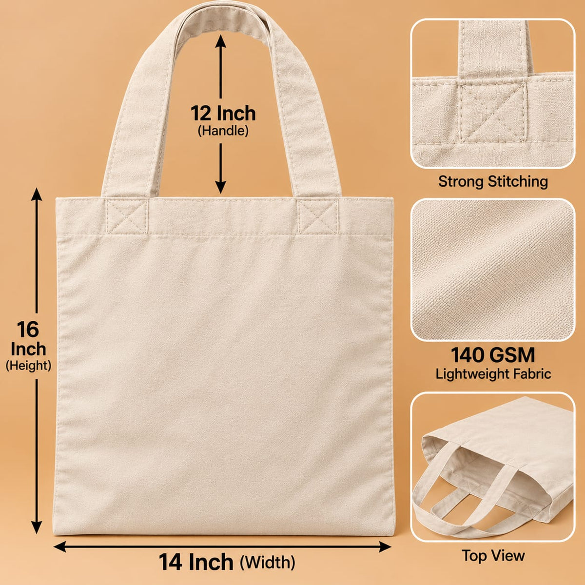 Cotton Tote Bag 140 GSM – ( Natural Brown/ Size 14x16 inch )