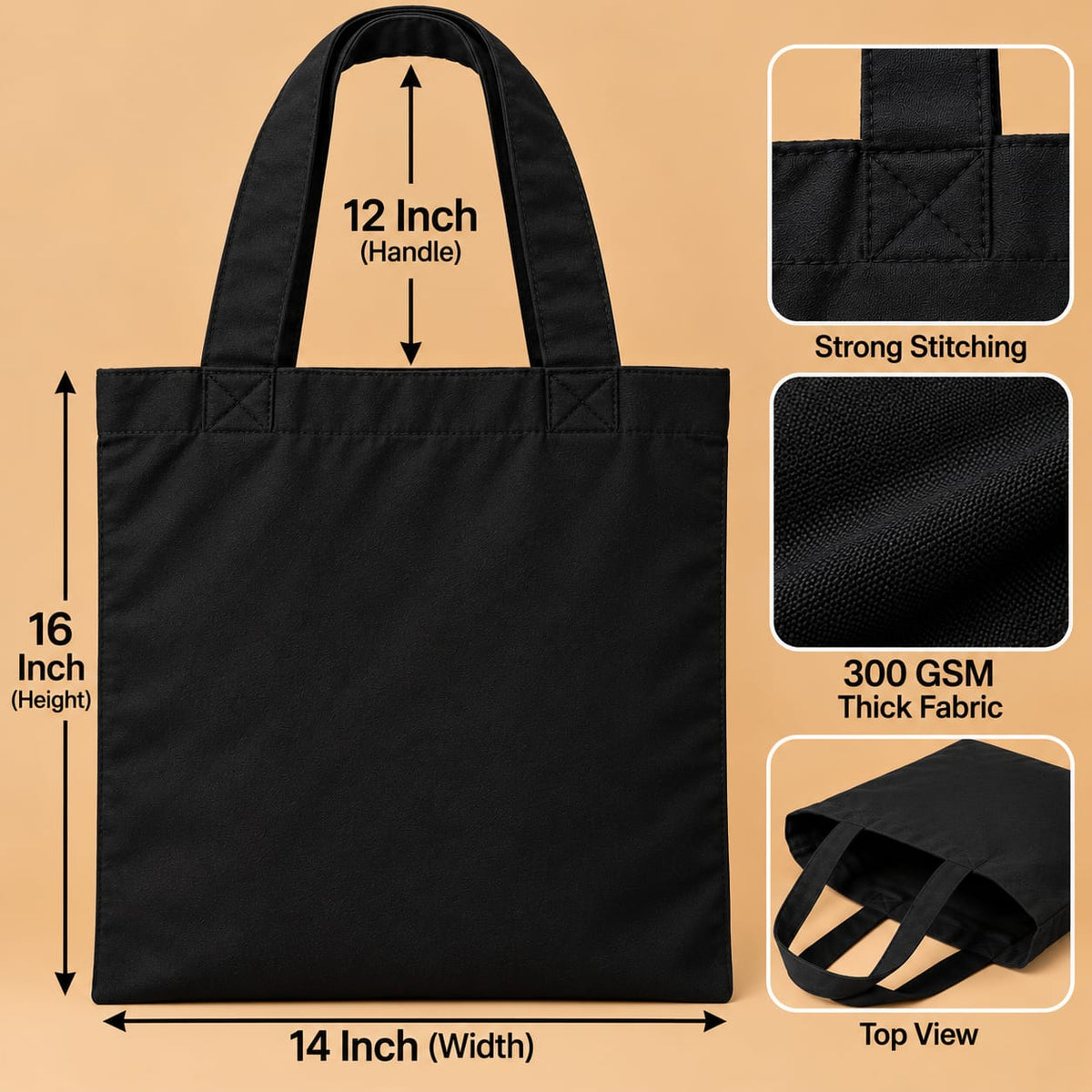 Cotton Tote Bag 140 GSM – (Black / Size 14x16 inch)