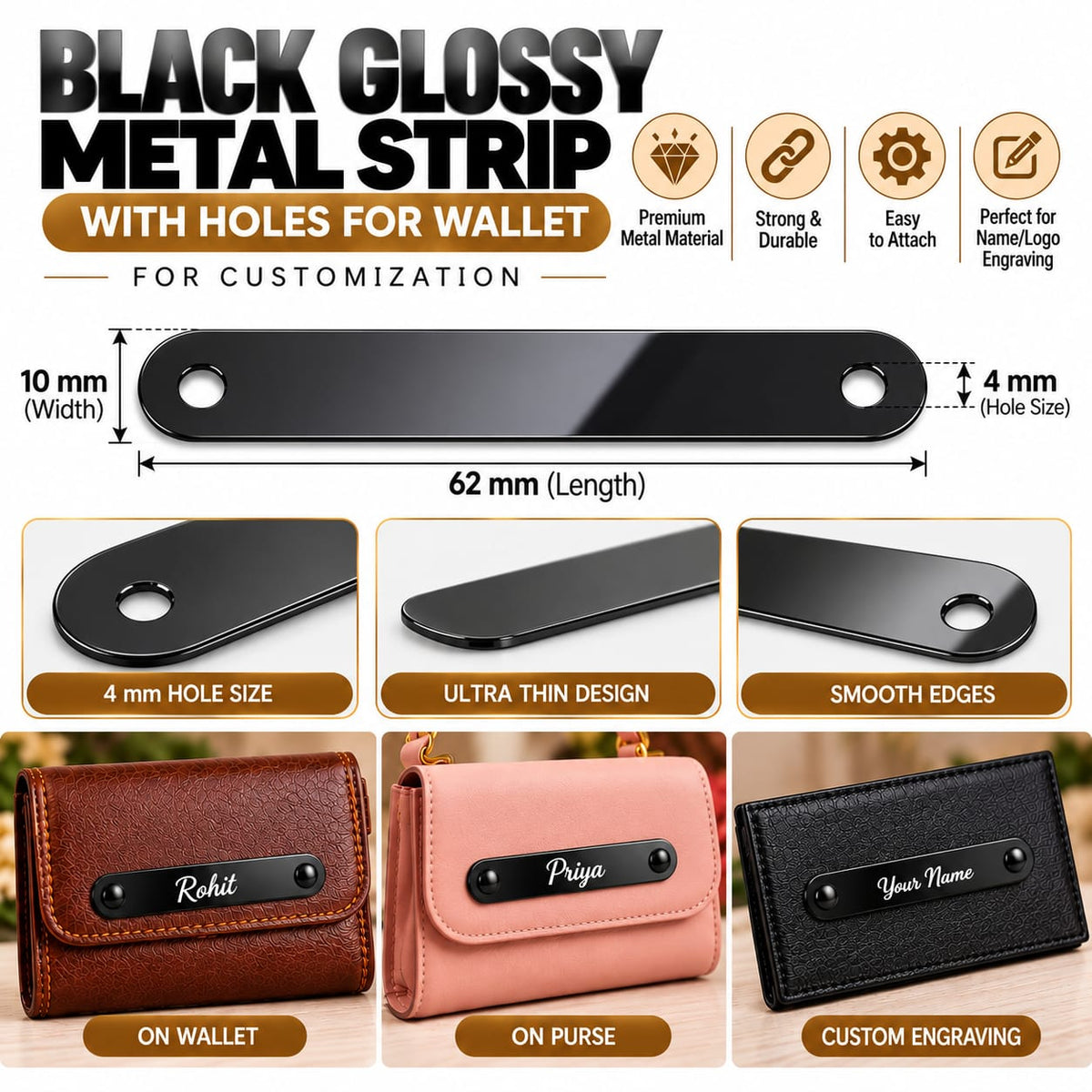 Metal Strips Glossy (With Holes) / Black / For Marking