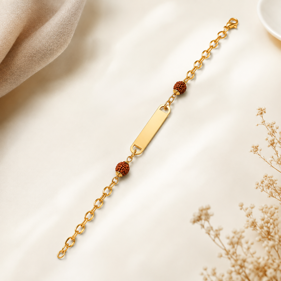 Golden Rakhi Bracelet with Rudraksha - (With Stainless steel patti)