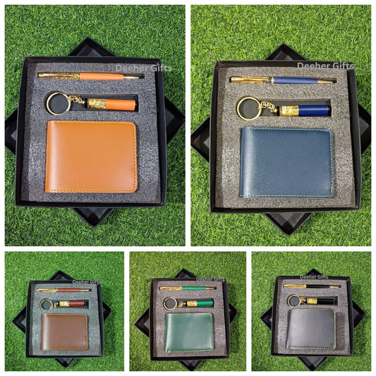 Faux Leather Men’s Wallet + Gold Zari Pen + Gold Zari Keychain Set