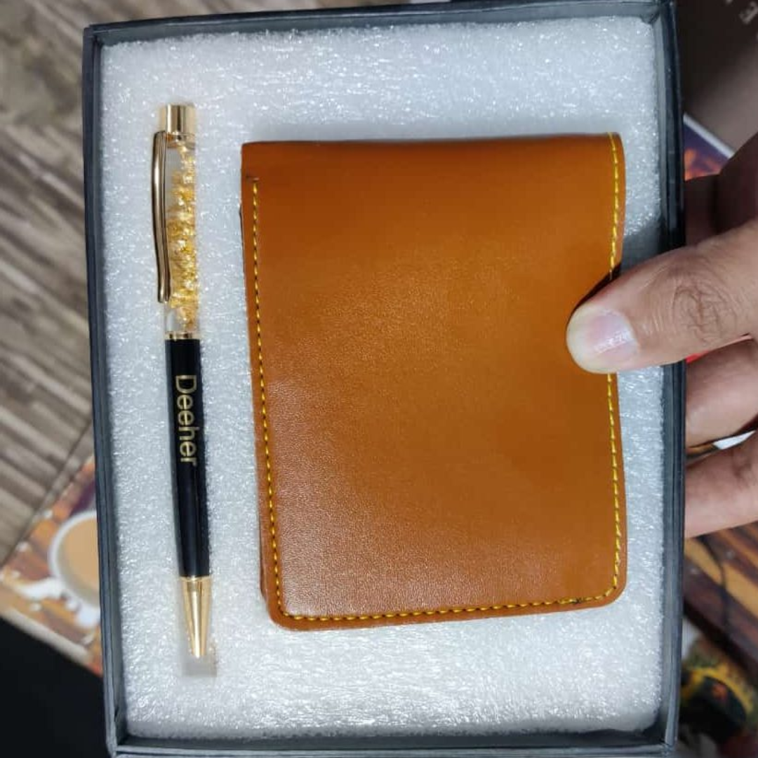 Faux Leather Men’s Wallet + Gold Zari Pen Set