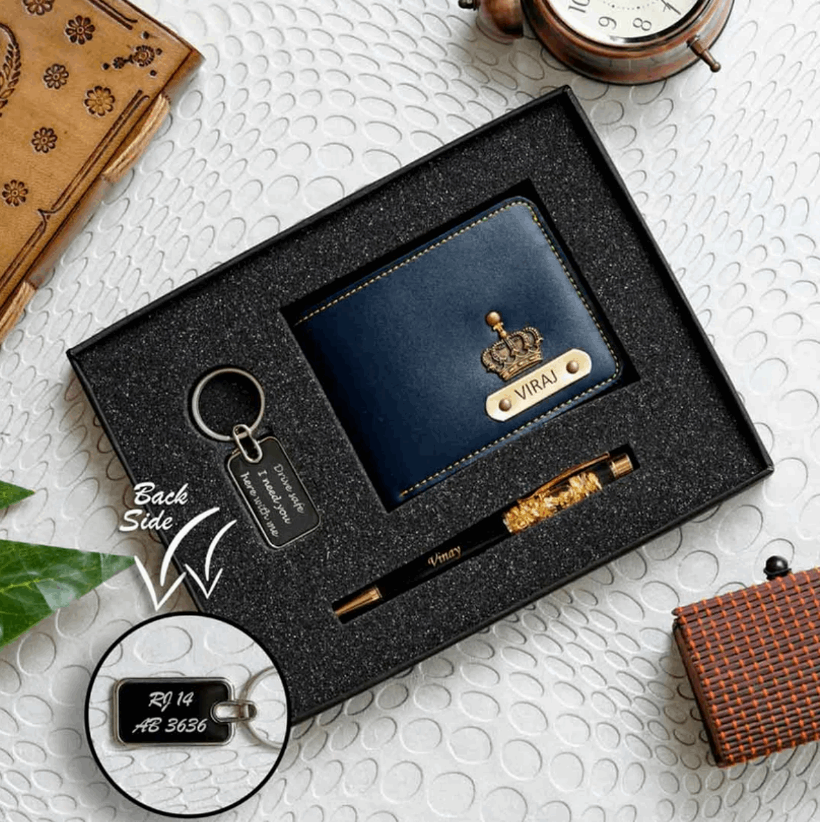 Faux Leather Men’s Wallet + Metal Keychain + Gold Zari Pen Set