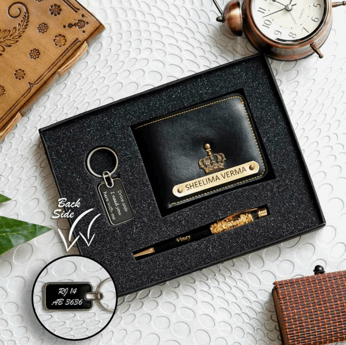 Faux Leather Men’s Wallet + Metal Keychain + Gold Zari Pen Set