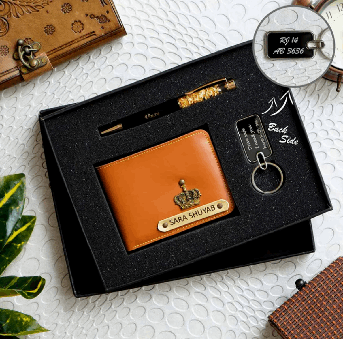 Faux Leather Men’s Wallet + Metal Keychain + Gold Zari Pen Set