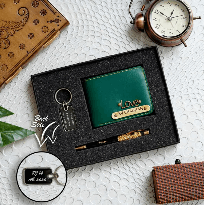 Faux Leather Men’s Wallet + Metal Keychain + Gold Zari Pen Set