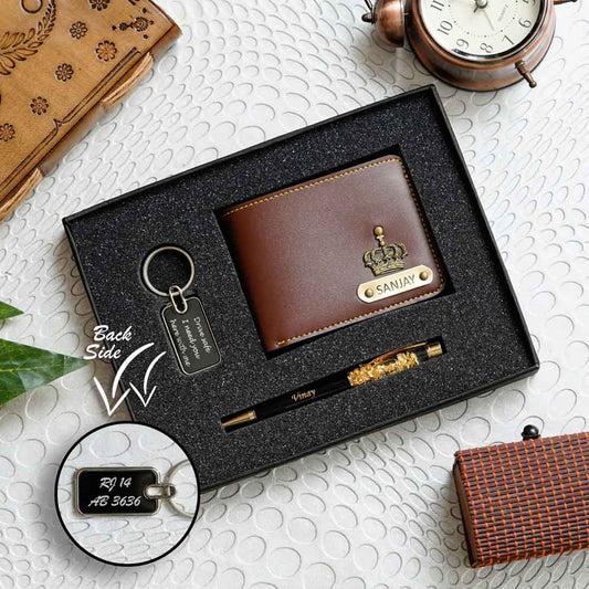 Faux Leather Men’s Wallet + Metal Keychain + Gold Zari Pen Set