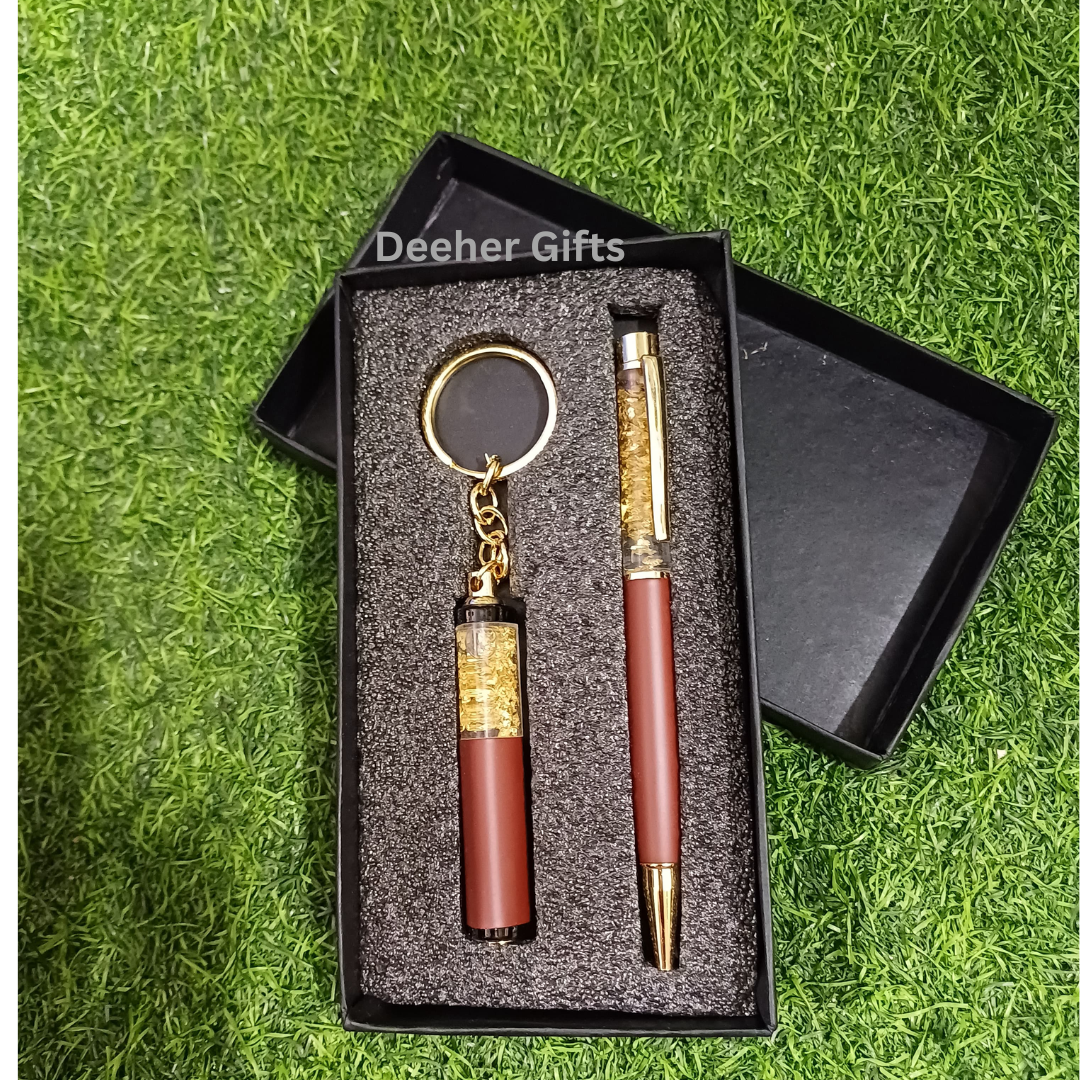 Gold Zari Pen and Keychain Set ( Brown )