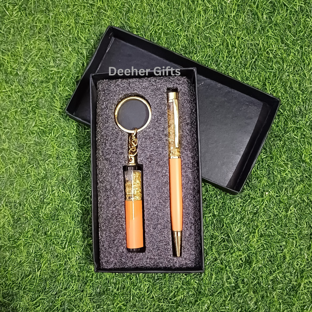 Gold Zari Pen and Keychain Set ( Tan )