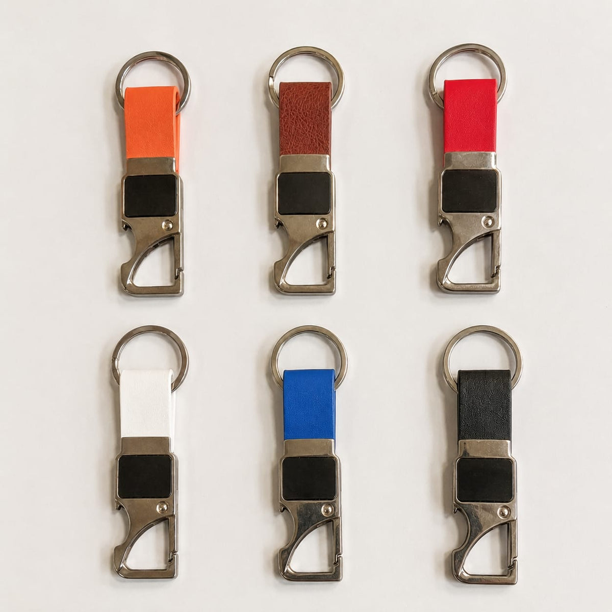 Metal Leather Hoop Keychain with Bottle Opener – Single Side Engraving (Mixed Colors)