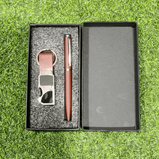 Metal Pen and Keychain Combo Set Brown