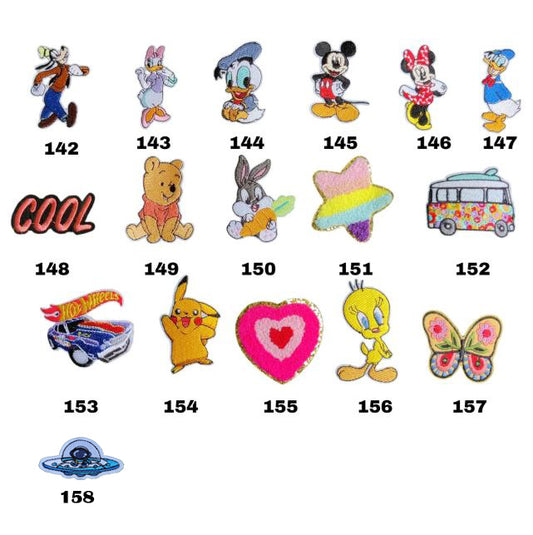 Iron-on patch design chart with cartoon characters, lettering, star, heart and butterfly motifs numbered 142–158