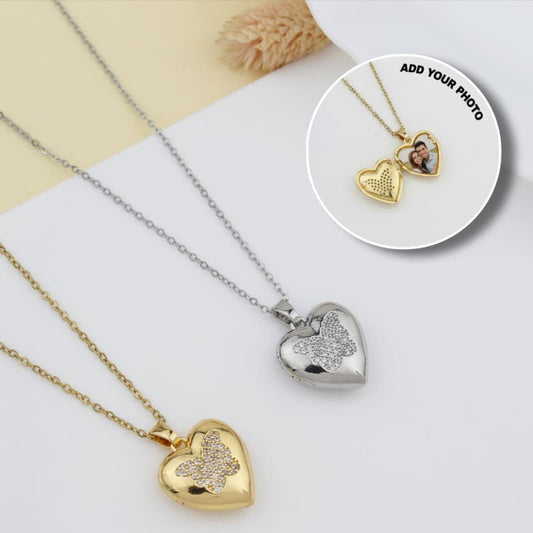 Photo Insert Heart Pendant - With Butterfly Diamonds