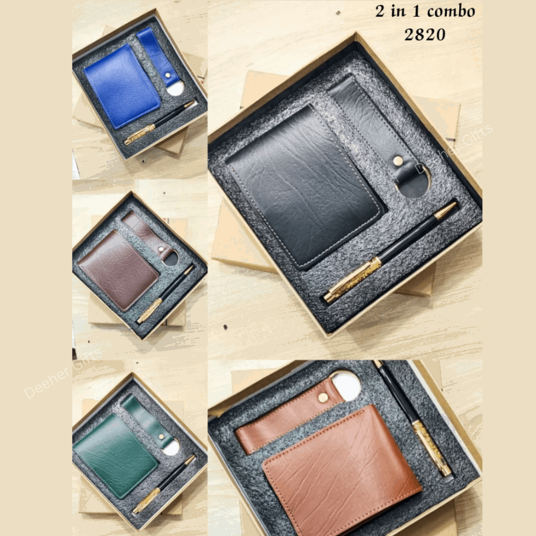Premium Leather wallet + keychain + zari pen set ( With Box )