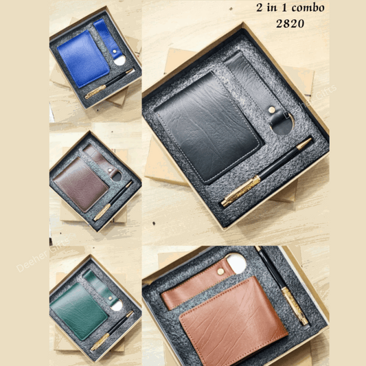 Premium Leather wallet + keychain + zari pen set ( With Box )