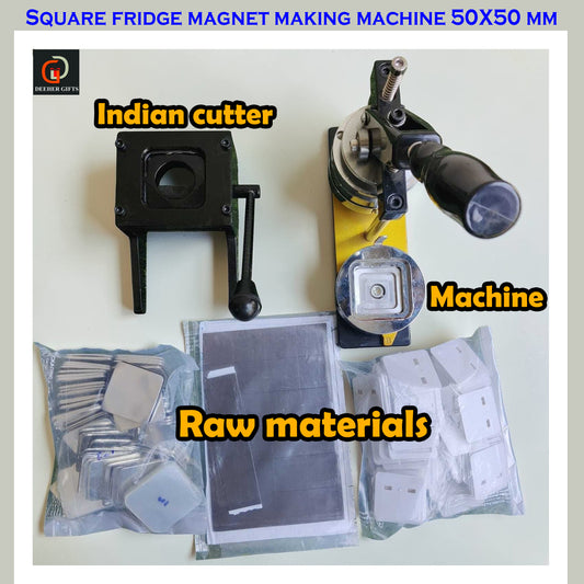 Square Fridge Magnet Machine 50 mm + Indian Cutter + Raw Material ( Full Kit)