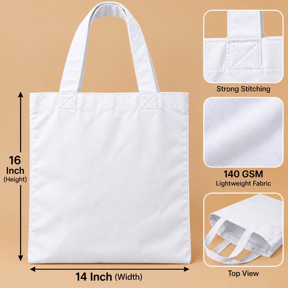 Cotton Canvas Tote Bag 140 GSM – White